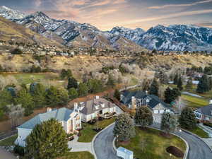 Aerial view at dusk with a mountain view