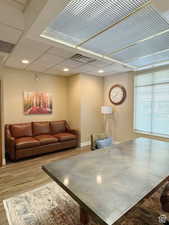 Living room with a drop ceiling and wood-type flooring