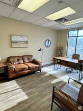 Office space featuring a paneled ceiling and hardwood / wood-style flooring