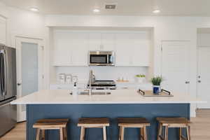 Picture is of model home. Kitchen featuring white cabinets, appliances with stainless steel finishes, backsplash, and a center island with sink