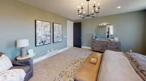 Bedroom with light colored carpet and a chandelier