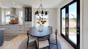 Dining space with light parquet floors