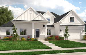 View of front of house with a front yard and a garage