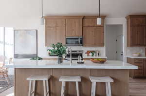 Kitchen featuring stainless steel appliances, a kitchen island with sink, tasteful backsplash, and hanging light fixtures