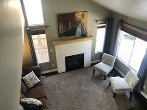 Living room with a textured ceiling, a tile fireplace, dark wood-type flooring, and vaulted ceiling