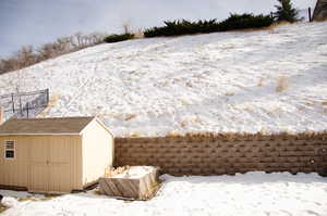 Snowy yard with a shed