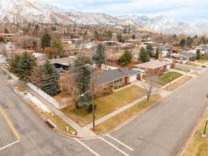 Aerial view overlooking St. Mary's neighborhood and mountain backdrop