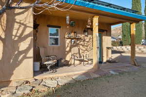 View of patio / terrace featuring a mountain view