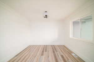 Unfurnished room with light wood-type flooring and crown molding