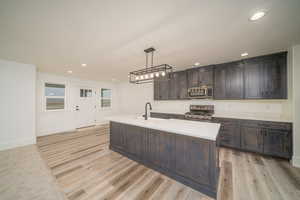 Kitchen with dark brown cabinets, stainless steel appliances, sink, decorative light fixtures, and light hardwood / wood-style floors