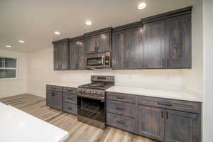 Kitchen with dark brown cabinets, stainless steel appliances, and light wood-type flooring