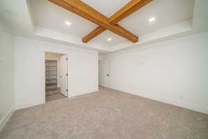 Interior space featuring beam ceiling, a walk in closet, a closet, and light colored carpet