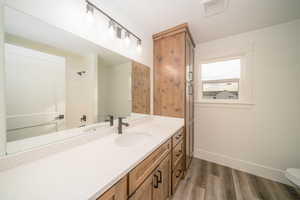 Bathroom featuring wood-type flooring, vanity, and toilet