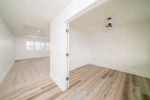 Hall featuring crown molding and light wood-type flooring