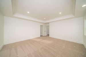 Carpeted spare room featuring a raised ceiling