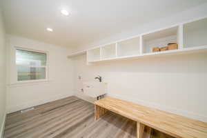 Laundry area featuring hardwood / wood-style floors, washer hookup, and sink