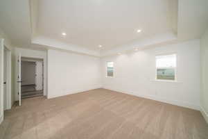 Empty room with a raised ceiling, light carpet, and a wealth of natural light