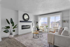 Living room with a mountain view, a textured ceiling, a large fireplace, and light hardwood / wood-style flooring