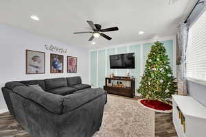 Living room featuring ceiling fan and dark wood-type flooring