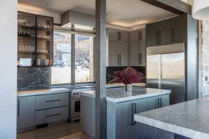 Kitchen with a healthy amount of sunlight, backsplash, dark wood-type flooring, and high quality appliances