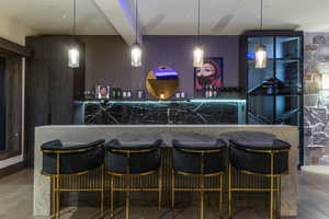 Bar with hardwood / wood-style floors, tasteful backsplash, and decorative light fixtures