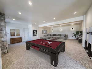 Playroom featuring recessed lighting, carpet, visible vents, and baseboards