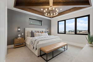 Bedroom featuring wood ceiling, beamed ceiling, light colored carpet, and an inviting chandelier