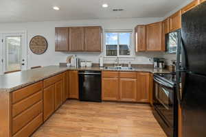 Kitchen featuring kitchen peninsula, light wood-type flooring, sink, and black appliances