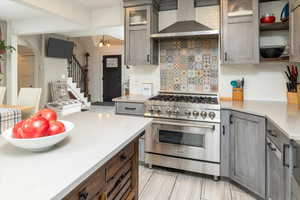 Kitchen featuring decorative backsplash, stainless steel stove, and wall chimney range hood