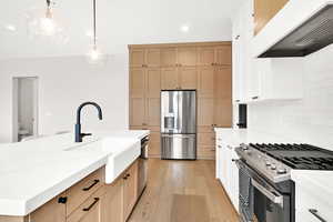 Kitchen featuring stainless steel appliances, range hood, an island with sink, light hardwood / wood-style floors, and decorative light fixtures