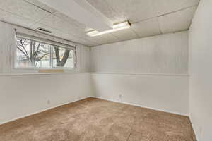 Unfurnished room featuring carpet floors and wooden walls