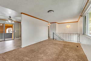 Carpeted empty room featuring ceiling fan with notable chandelier, crown molding, and a textured ceiling