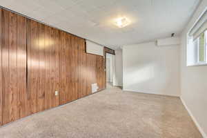 Carpeted spare room with wood walls