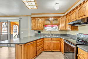 Kitchen featuring black / electric stove, crown molding, kitchen peninsula, and light wood-type flooring