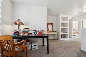 Office area with carpet floors and built in features