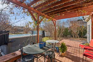 Deck featuring a pergola and a hot tub-swim spa