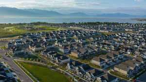 Bird's eye view with a water and mountain view