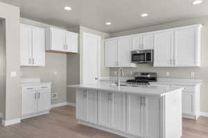 Kitchen with a kitchen island with sink, stainless steel appliances, and white cabinets