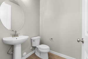 Bathroom featuring wood-type flooring, toilet, and sink