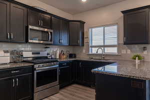 Kitchen featuring stone counters, sink, stainless steel appliances, tasteful backsplash, and light hardwood / wood-style floors