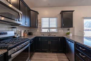 Kitchen with a wealth of natural light, sink, light wood-type flooring, and appliances with stainless steel finishes