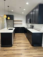 Kitchen featuring pendant lighting, stainless steel appliances, light hardwood / wood-style floors, and sink