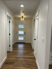 Entryway with dark hardwood / wood-style flooring