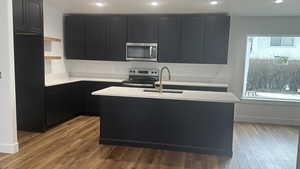 Kitchen featuring sink, appliances with stainless steel finishes, light hardwood / wood-style flooring, and a kitchen island with sink