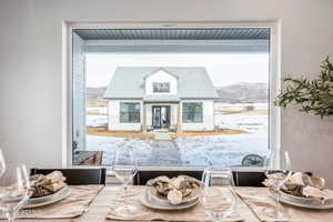 Dining room with a mountain view