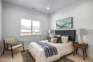 Carpeted bedroom with a mountain view