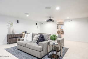 Carpeted living room with a barn door