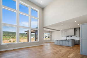 Kitchen featuring gray cabinets, an island with sink, a high ceiling, and light hardwood / wood-style flooring