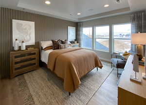 Bedroom with a raised ceiling and light hardwood / wood-style flooring