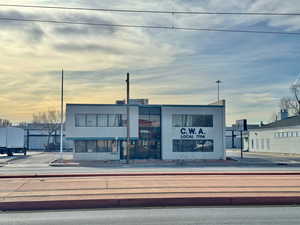 View of outdoor building at dusk